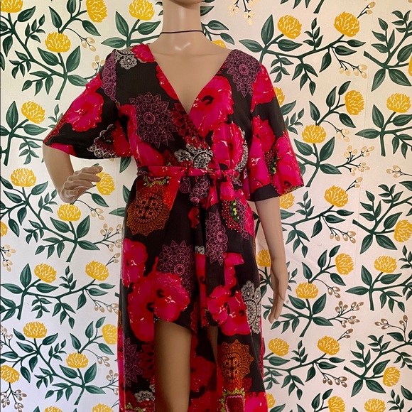 Floral hi-low Romper with tie belt and skirt. - Picture 2 of 12